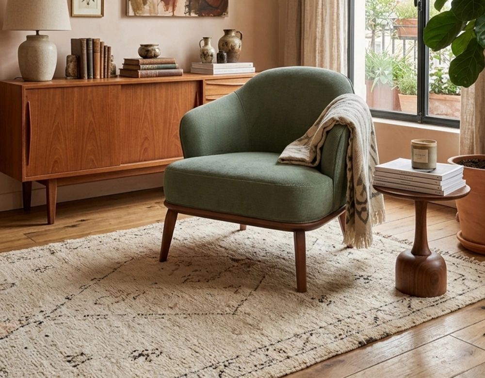 Fauteuil design tissu velours côtelé vert forêt