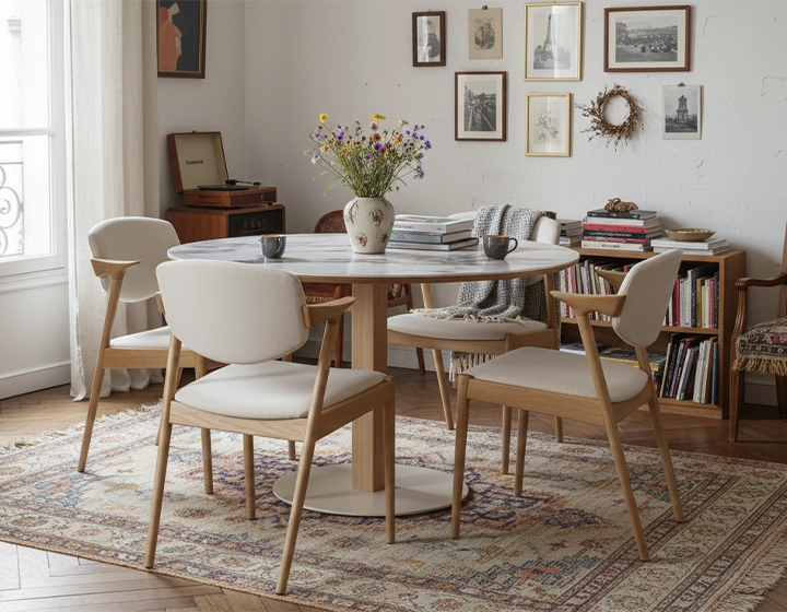 Chaise scandinave bois teinte naturelle assise tissu blanc cassé