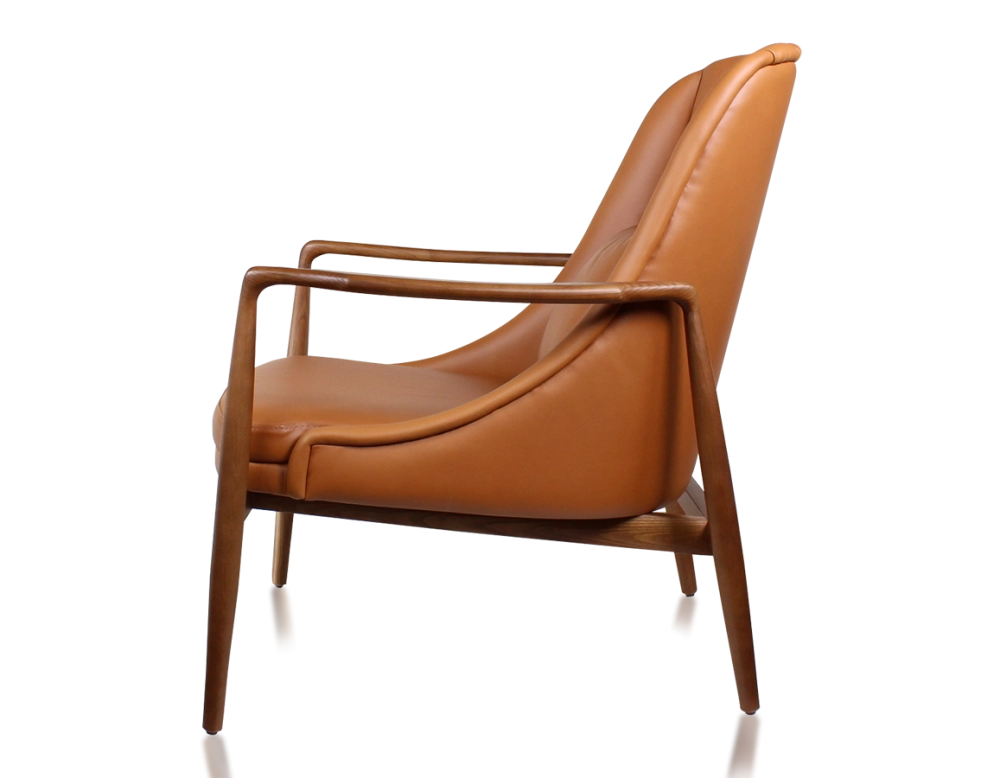Scandinavian armchair cherry-stained wood and caramel leather