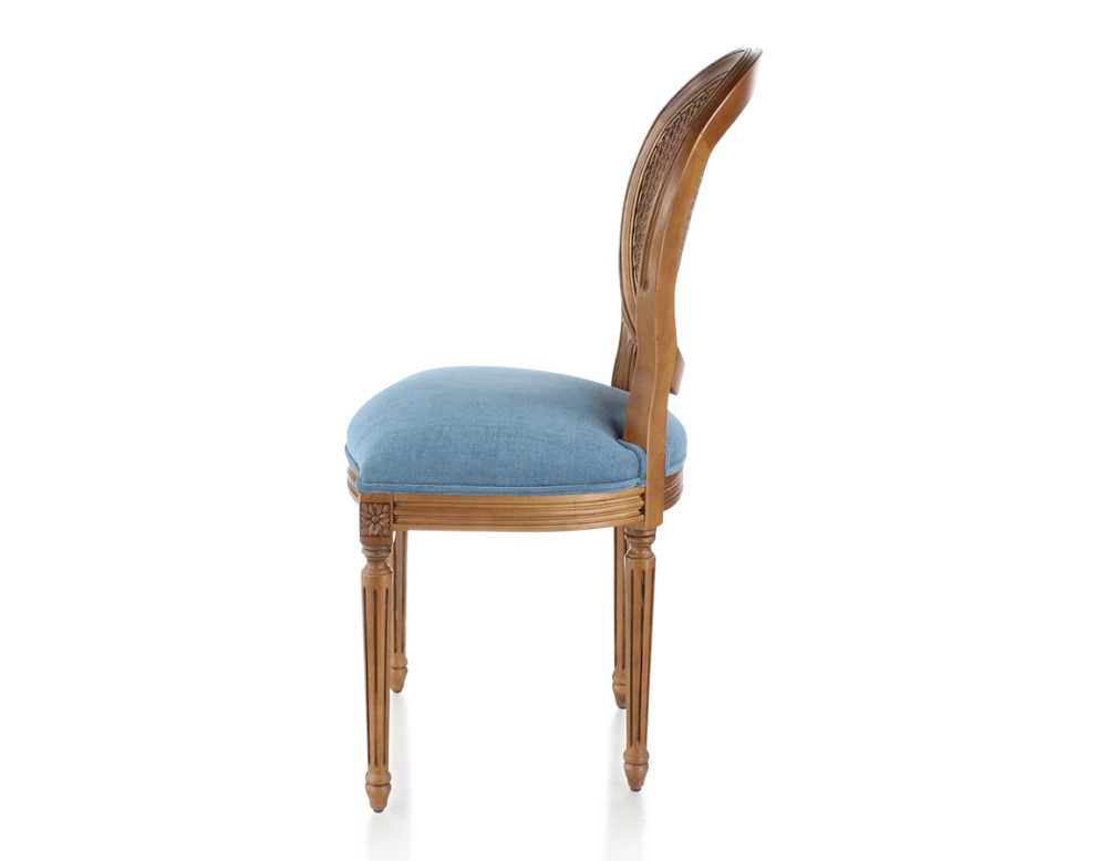 Silla antigua estilo Luis XVI madera tinte envejecido respaldo de rejilla asiento tejido azul vaquero