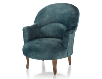 Sillón crapaud con reposabrazos patas de madera tinte nogal y tejido terciopelo azul petróleo