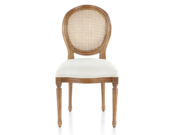 Antique Louis XVI style chair wood stained old style caned back seat natural beige fabric