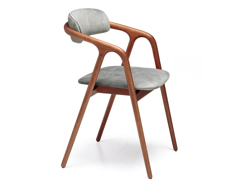 Scandinavian chair cherry wood stain, seat in grey-blue velvet fabric.