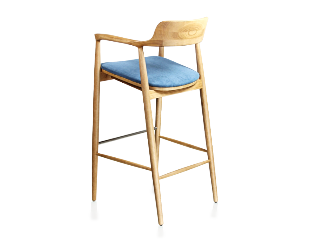 Taburete de bar h80 cm madera tinte natural asiento tejido azul vaquero