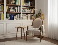 Fauteuil bergère mouluré style Louis XVI bois teinte ancienne et tissu chiné beige, gris et orange