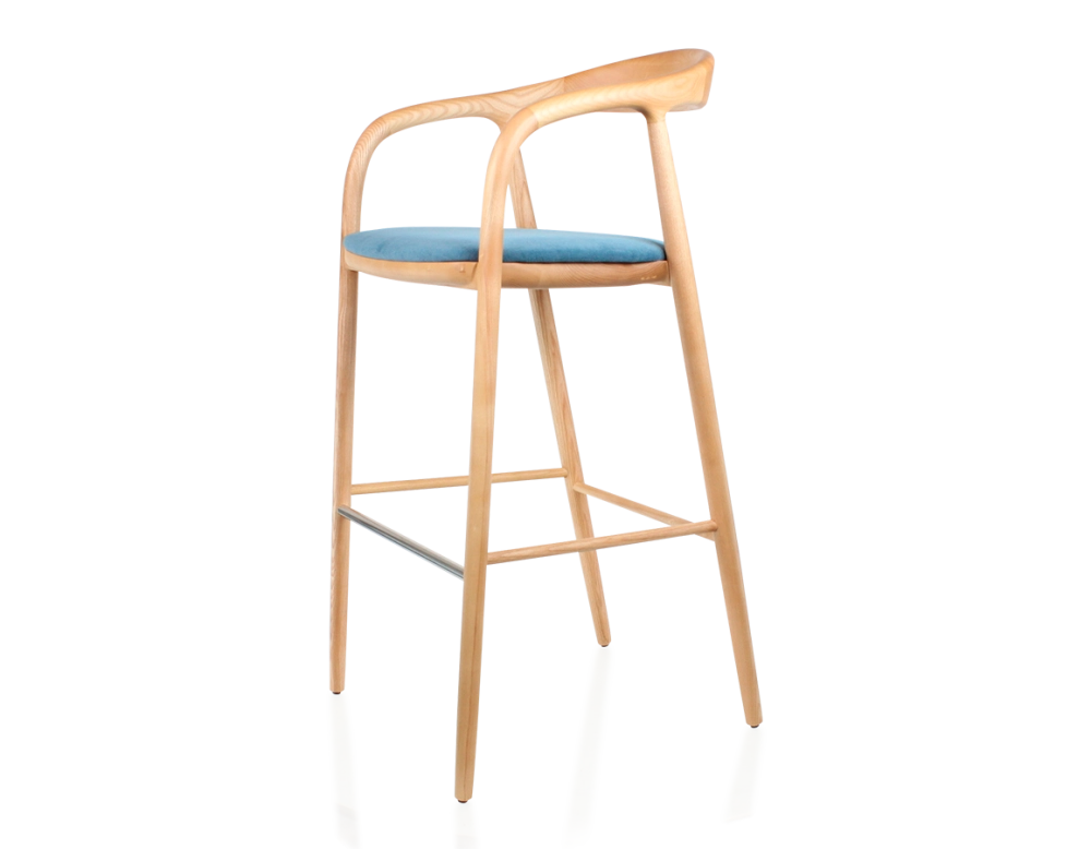 Tabouret de bar h80 cm teinte naturelle assise tissu bleu jean bois teinte naturelle et tissu bleu jean