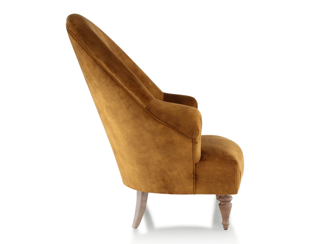 Fauteuil crapaud avec accoudoirs pieds bois teinte noyer et tissu velours bronze haut dossier