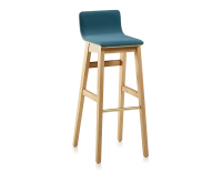 Oak bar stool H80 cm natural stained wood, ocean blue fabric seat