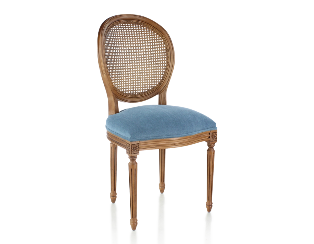 Silla antigua estilo Luis XVI madera tinte envejecido respaldo de rejilla asiento tejido azul vaquero