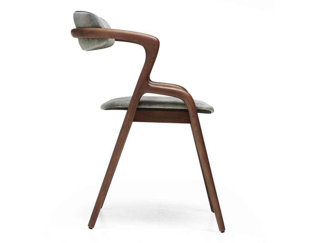 Scandinavian chair walnut wood with a grey-blue velvet fabric seat.