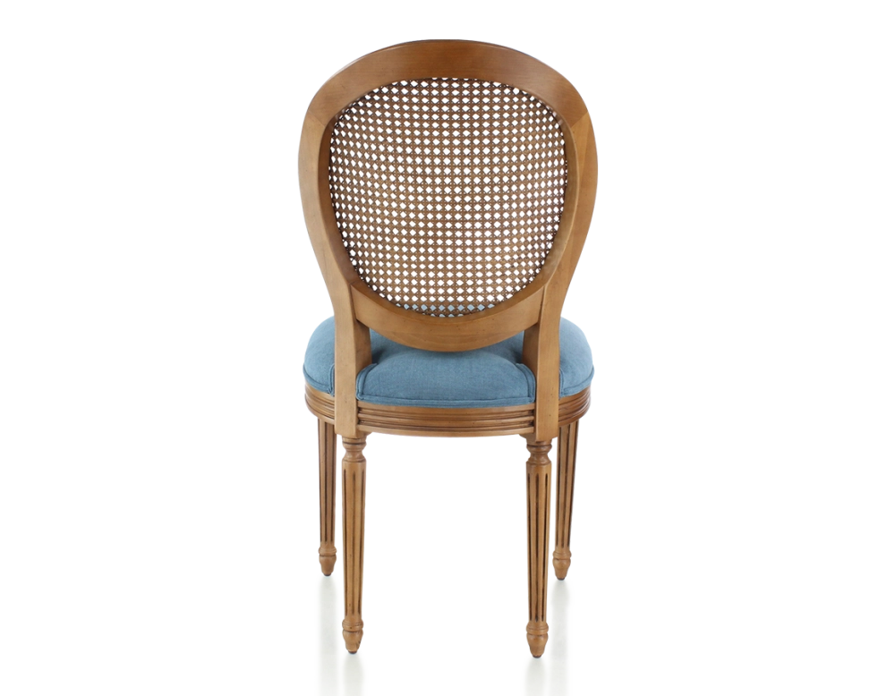 Silla antigua estilo Luis XVI madera tinte envejecido respaldo de rejilla asiento tejido azul vaquero