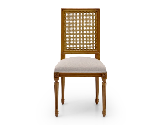 Louis XVI style antique chair cane back chair with light grey fabric seat