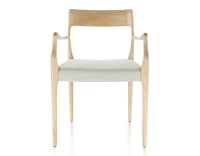 Silla escandinava con reposabrazos madera tinte natural asiento tejido beige natural