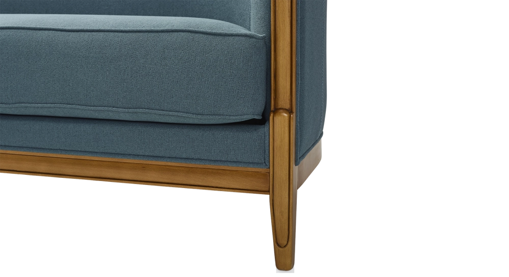 Antique 3 seater sofa with moulded armrests antique stained wood and ocean blue fabric