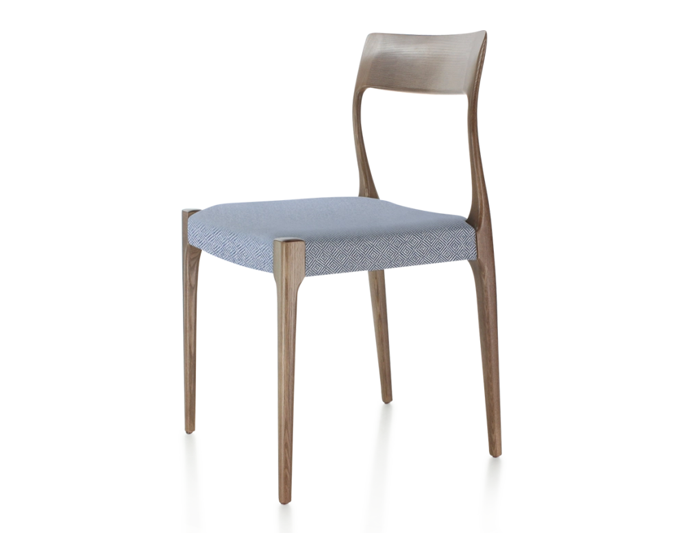 Chaise scandinave bois teinte marron foncé assise tissu chevron bleu