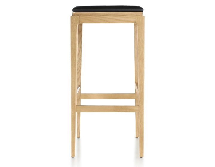 H80 cm designer bar stool natural tint wood, ebony leather seat