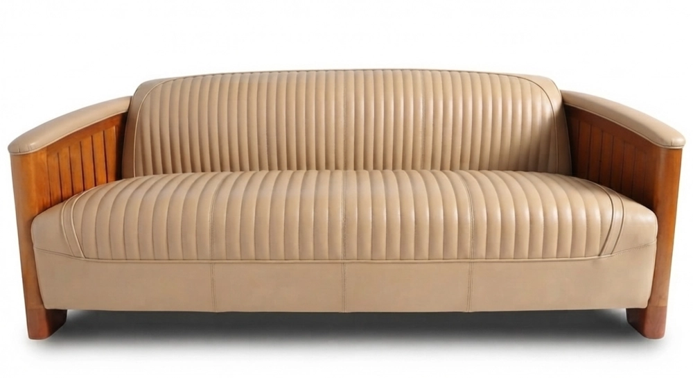 Canapé club bois et cuir 3 places beige