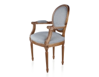 Silla antigua estilo Luis XVI con reposabrazos madera con tinte envejecido y tejido chevron azul