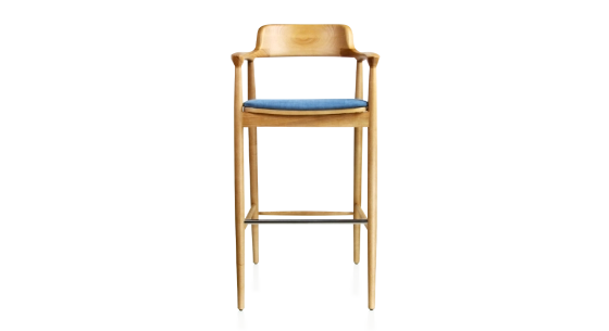Tabouret de bar h80 cm bois teinte naturelle assise tissu bleu jean
