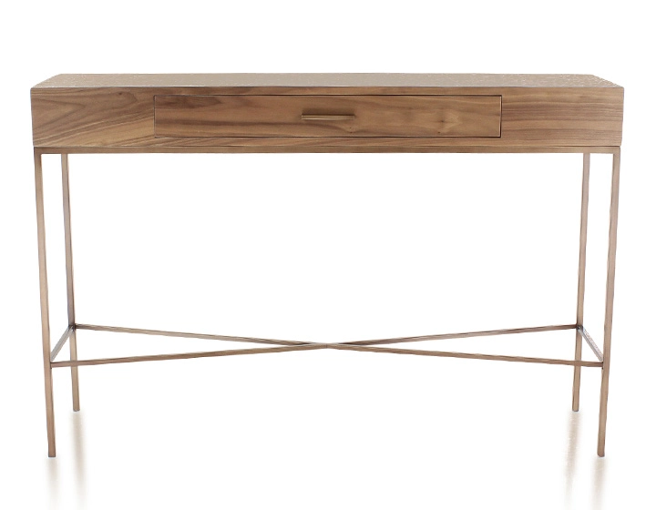 Console design noyer teinte naturelle et métal patine laiton 100 cm