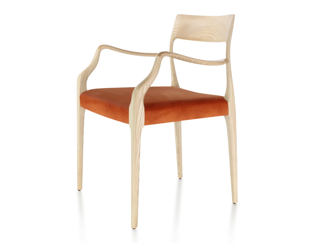 Chaise scandinave avec accoudoirs bois teinte naturelle assise tissu velours terracotta