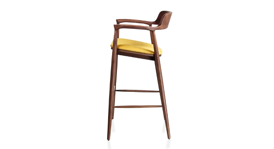Taburete de bar h80 cm madera tinte nogal asiento tejido amarillo