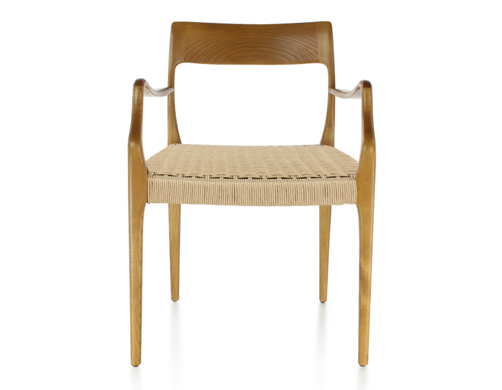 Chaise scandinave avec accoudoirs bois teinte merisier assise corde
