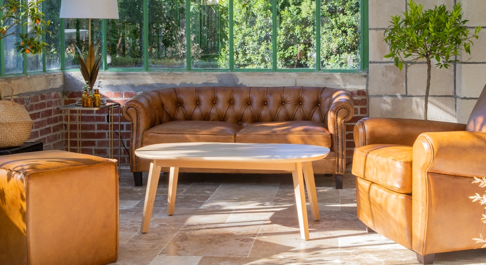 2 seater Chesterfield leather sofa cognac studded armrests
