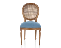 Silla antigua estilo Luis XVI madera tinte envejecido respaldo de rejilla asiento tejido azul vaquero