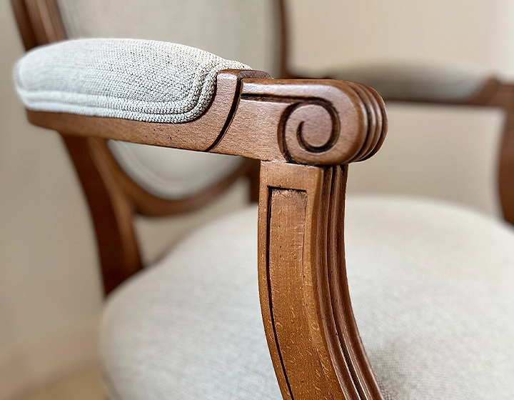 Antique Louis XVI style armchair wood stained antique and natural beige fabric