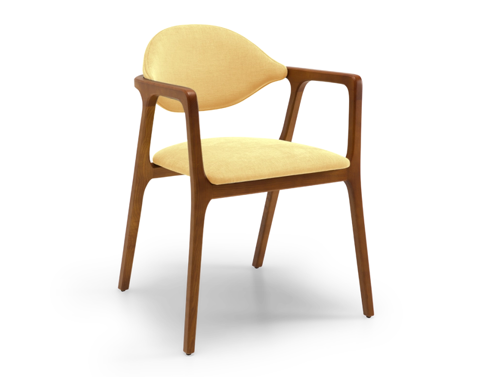 Chaise design avec accoudoirs bois teinte merisier et tissu jaune