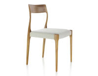 Chaise scandinave bois teinte merisier assise tissu beige naturel