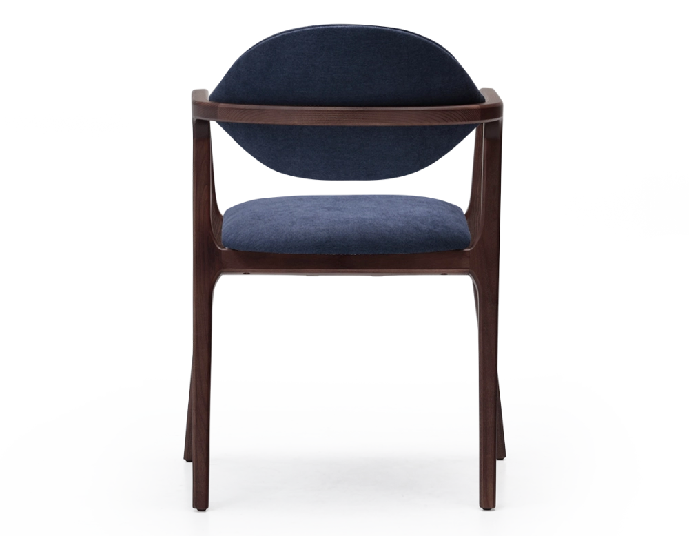 Chaise design avec accoudoirs bois teinte marron foncé et tissu bleu océan