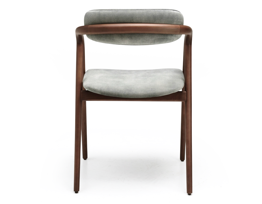 Scandinavian chair walnut wood with a grey-blue velvet fabric seat.