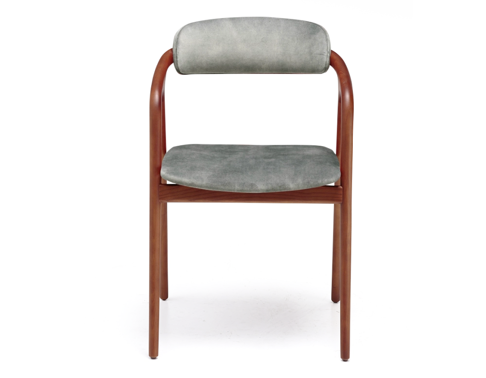 Scandinavian chair cherry wood stain, seat in grey-blue velvet fabric.