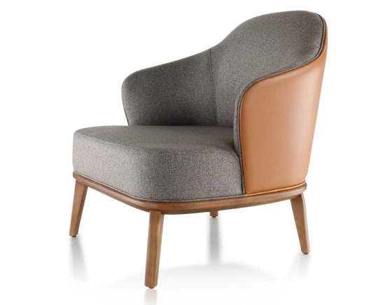 Designer armchair caramel leather and brown fabric