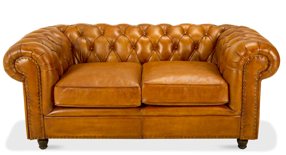2 seater Chesterfield leather sofa cognac studded armrests