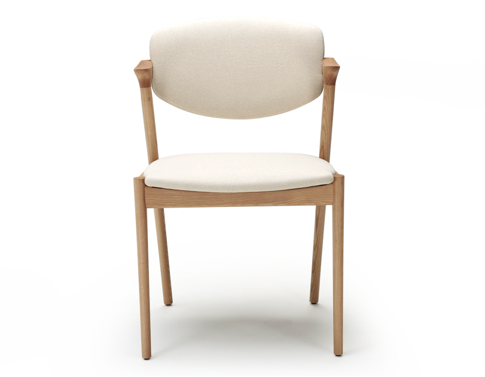 Scandinavian chair natural wood finish with off-white fabric seat