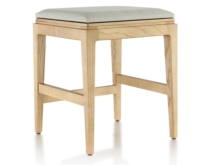 H45 cm design stool natural stained wood seat natural beige fabric