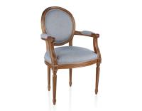 Silla antigua estilo Luis XVI con reposabrazos madera con tinte envejecido y tejido chevron azul