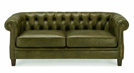 Canapé Chesterfield cuir 2 places vert olive accoudoirs cloutés