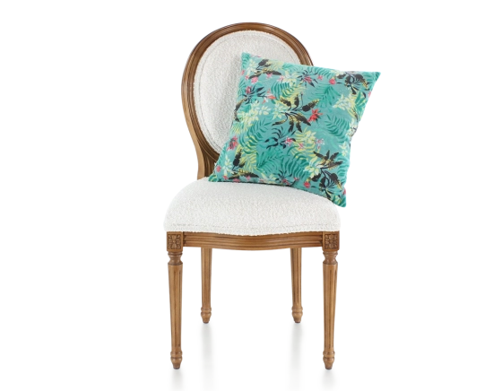 Silla antigua estilo Luis XVI madera con tinte envejecido y tejido rizado blanco