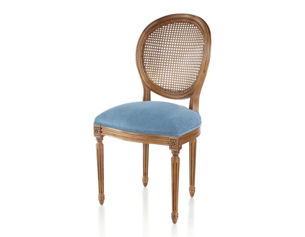 Silla antigua estilo Luis XVI madera tinte envejecido respaldo de rejilla asiento tejido azul vaquero