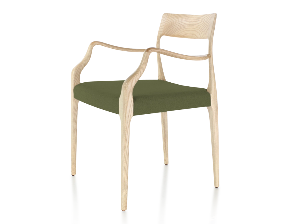 Chaise scandinave avec accoudoirs bois teinte naturelle assise tissu vert olive