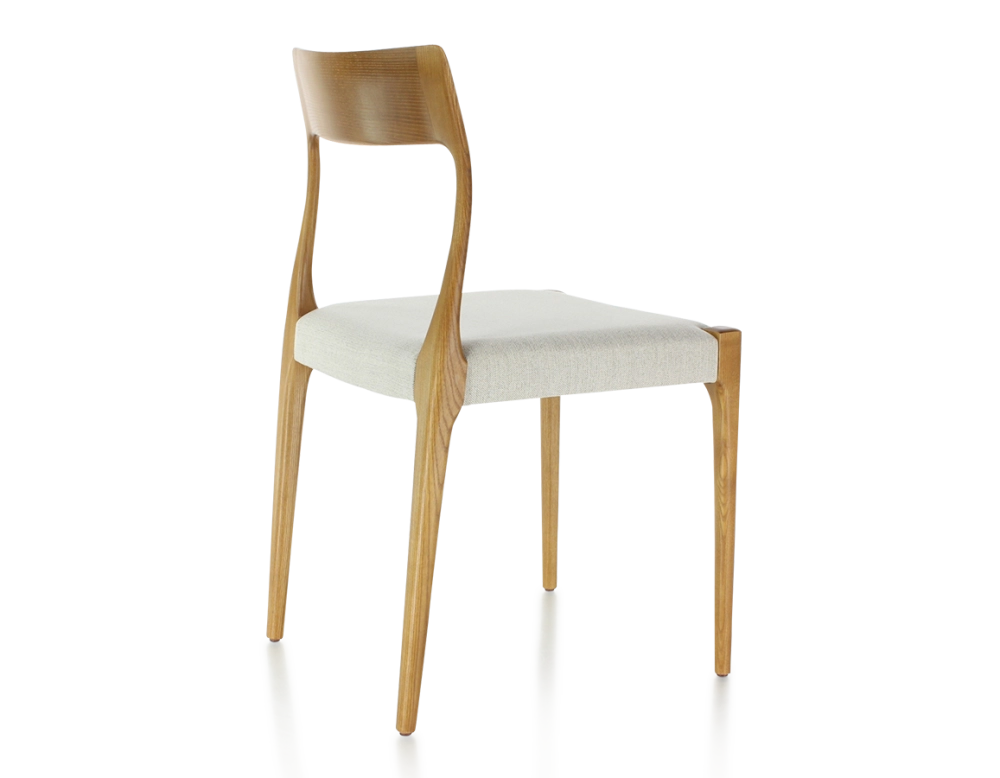 Chaise scandinave bois teinte merisier assise tissu beige naturel