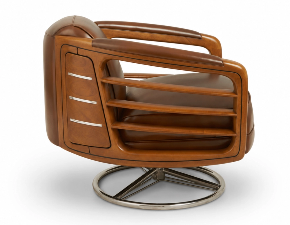 Fauteuil club pivotant bois et cuir marron vintage