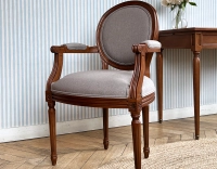 Chaise ancienne style Louis XVI avec accoudoirs bois teinte ancienne et tissu gris clair