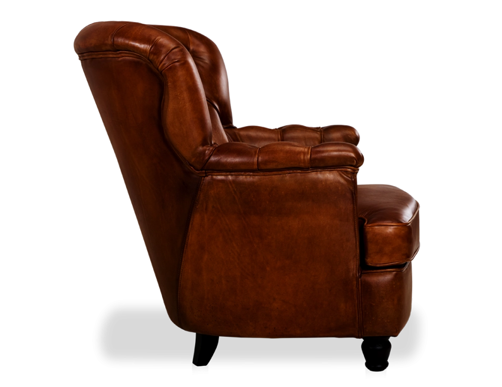 Fauteuil Chesterfield cuir marron vintage moyen dossier