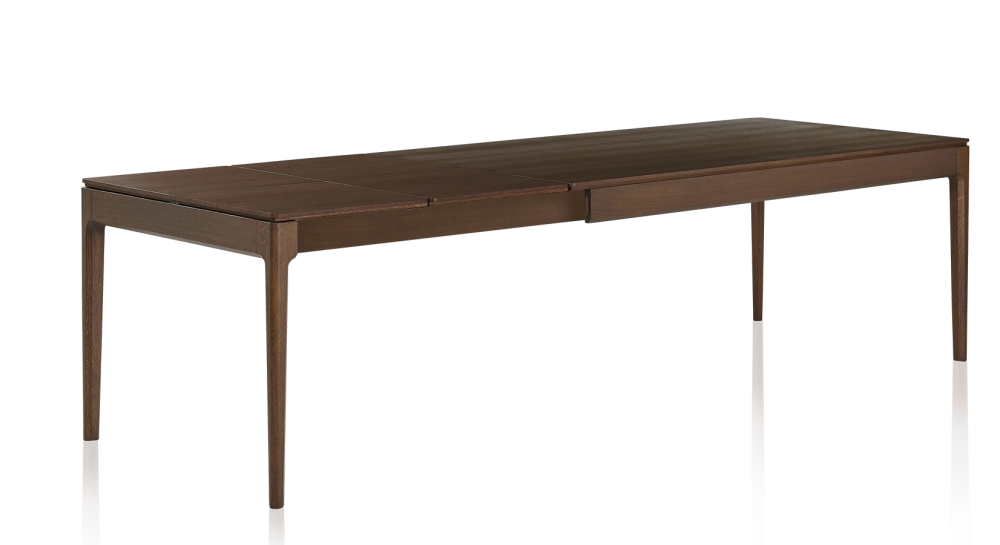 Extendable table for 8 to 14 people in oak with dark brown stained wood top and extensions 210x100 cm