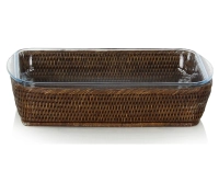 Plat pyrex rectangulaire avec support en rotin brun